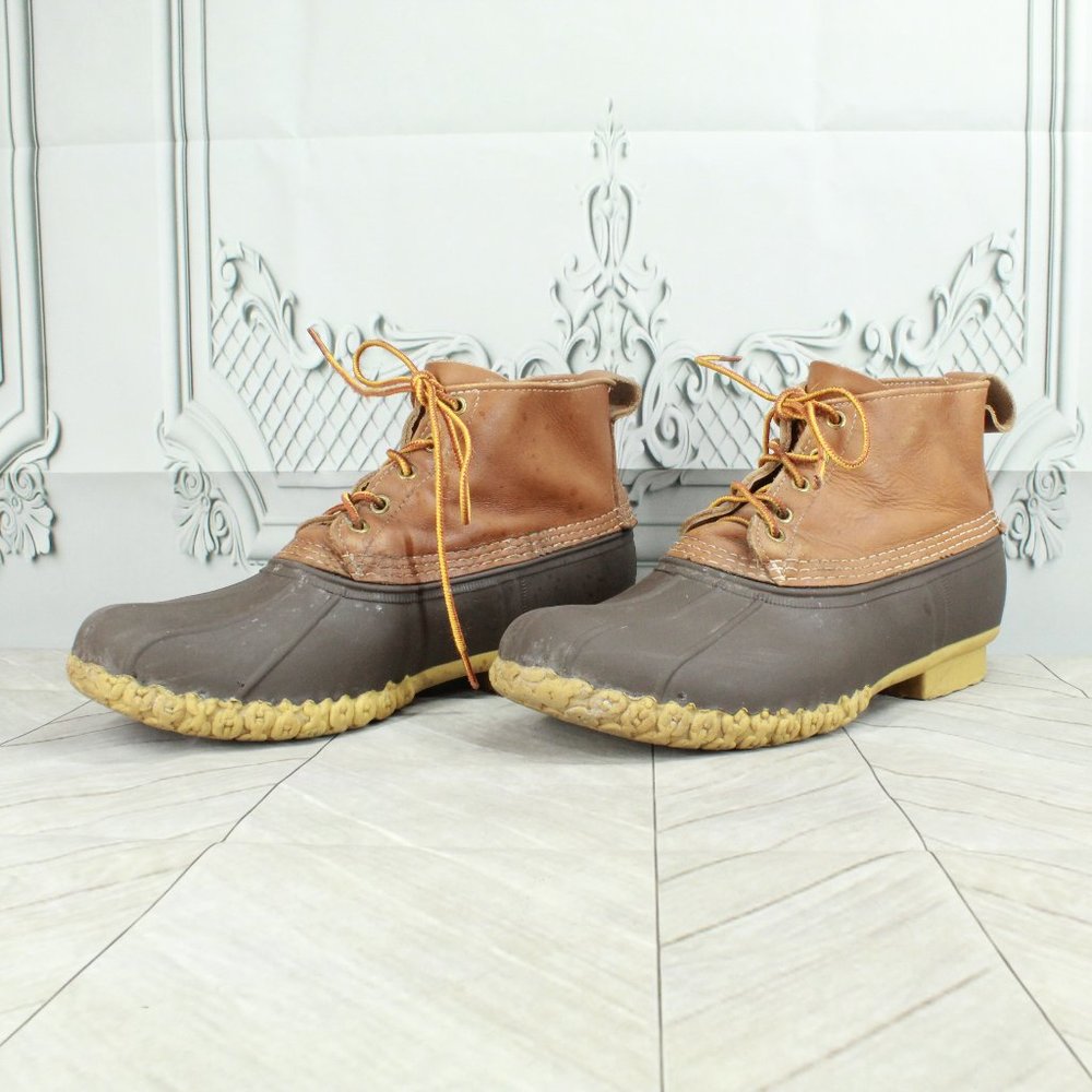 LL BEAN Unlined Brown Leather Lace-up Duck Bean Boots Size 10 M - Picture 2 of 11